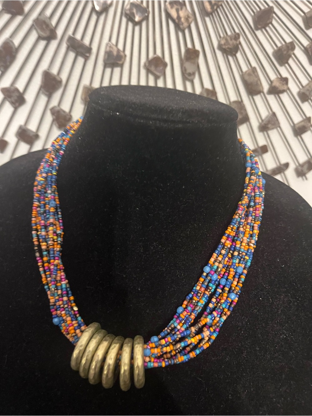 Chico’s Multicolor Seed Bead Necklace with Antique Gold Accent New